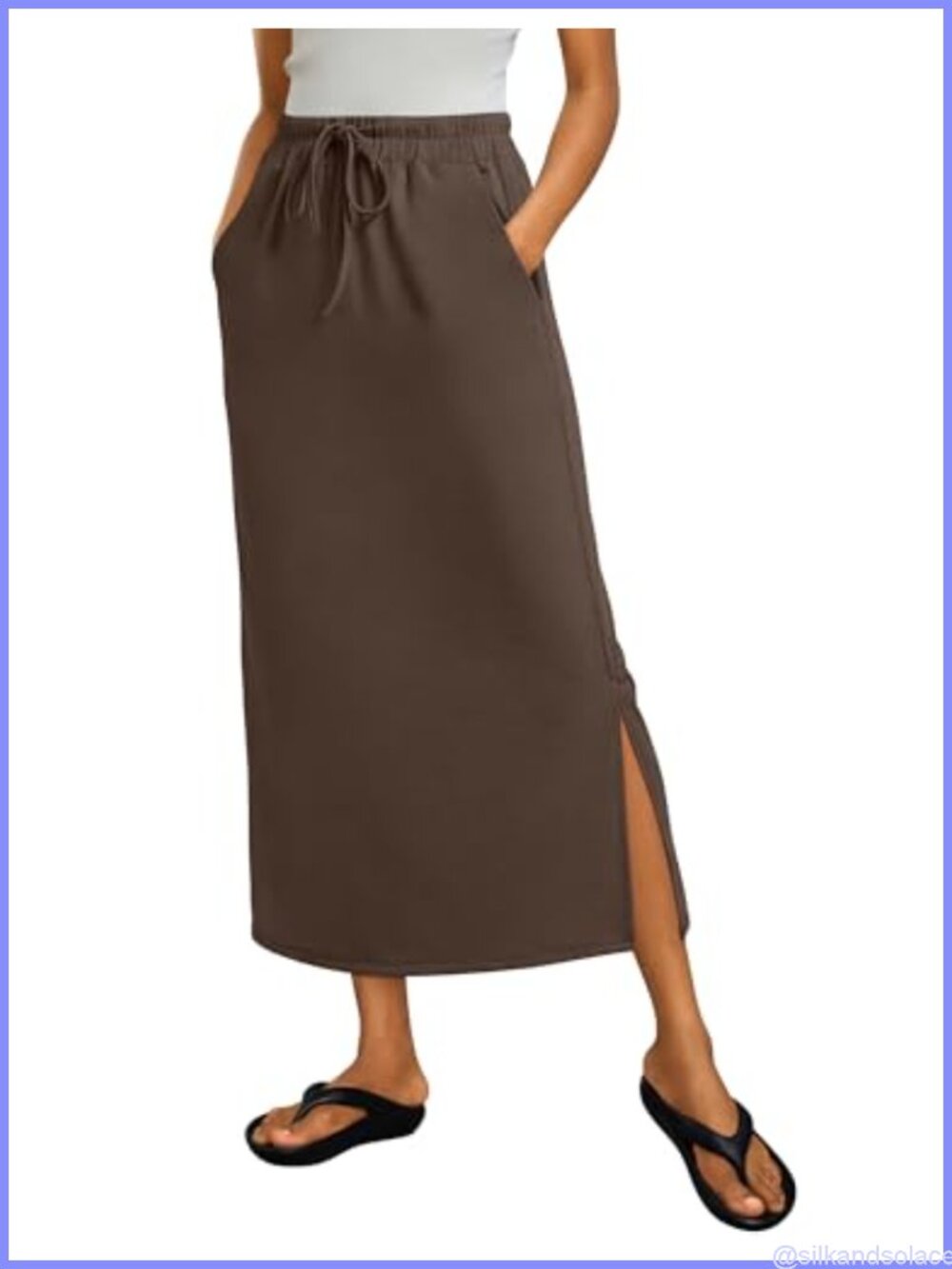 Women's High Waist Maxi Skirt with Pockets Drawstring Side Slit - Picture 1 of 6